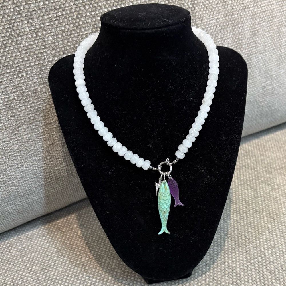 Gemstone White Jade Beaded Necklace with Removable Charms